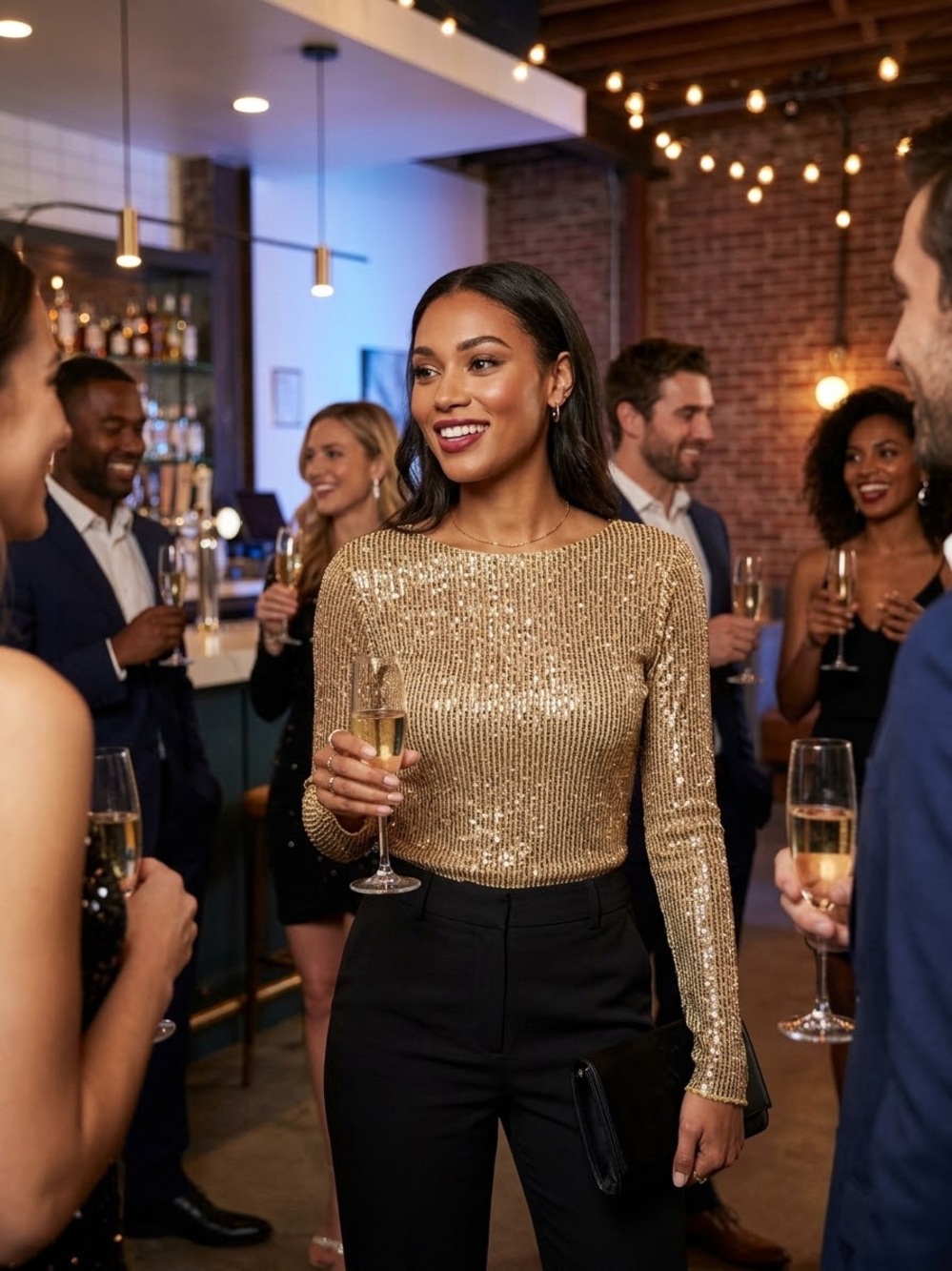 Free People Gold Sequin Long-Sleeve Top